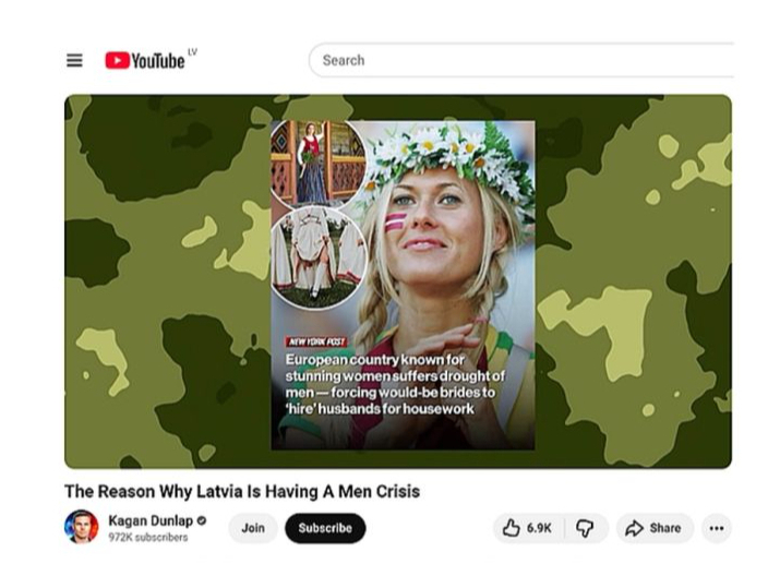 Influenceris Keigens Danlaps "vīriešu trūkumu" raksturojis kā krīzi un, izmantojot "YouTube" kanālu, tā iemeslus skaidro saviem 972 tūkstošiem sekotāju, taču, stāstot par lielāko sieviešu pārsvaru Latvijā (kāds tas ir pensijas vecuma cilvēku grupā), fotoattēlos rāda jaunas, skaistas latviešu sievietes.