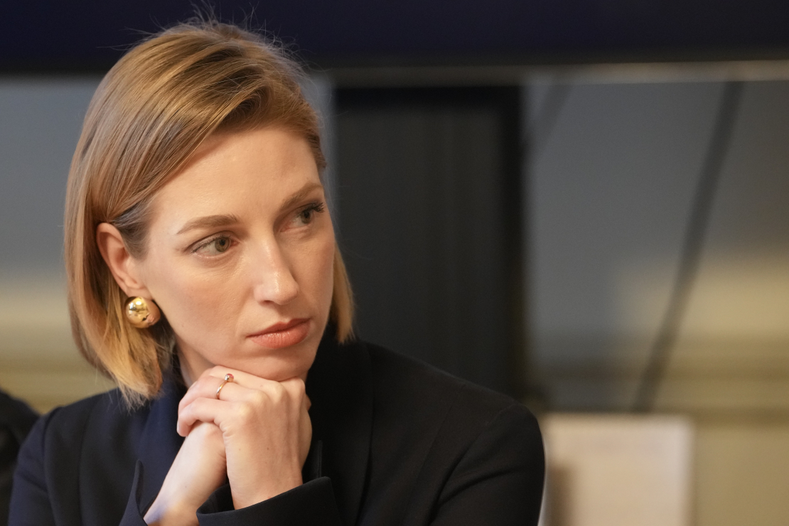 Kultūras ministre Agnese Lāce piedalās preses konferencē, kurā paziņo "Lielās mūzikas balvas" nominantus.