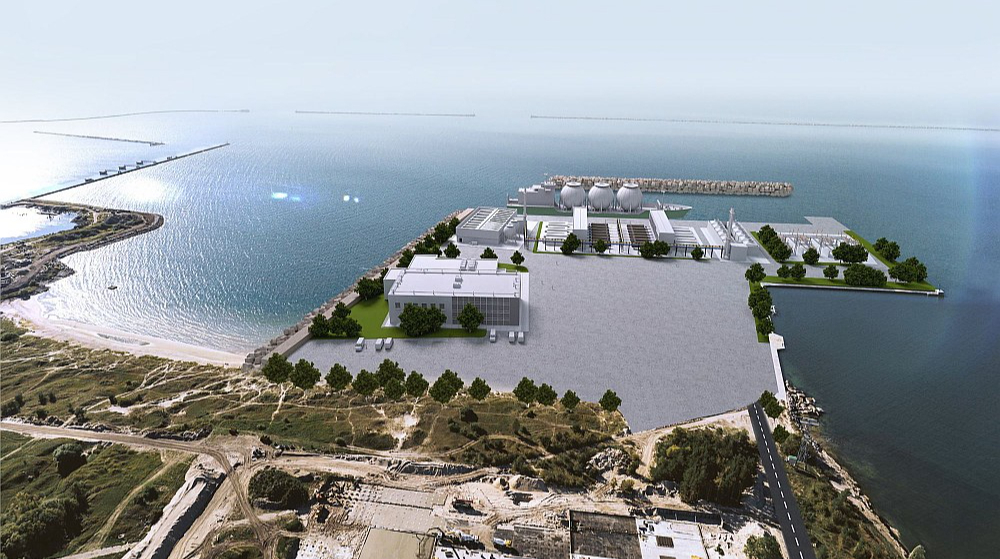 "CIS Liepaja" zaļā ūdeņraža ražošanas kompleksa un ostas termināļa vizualizācija. Projekta attīstītājs cer, ka būvniecību varēs sākt jau pavisam drīz, ja vien izpildīsies daži būtiski priekšnosacījumi.