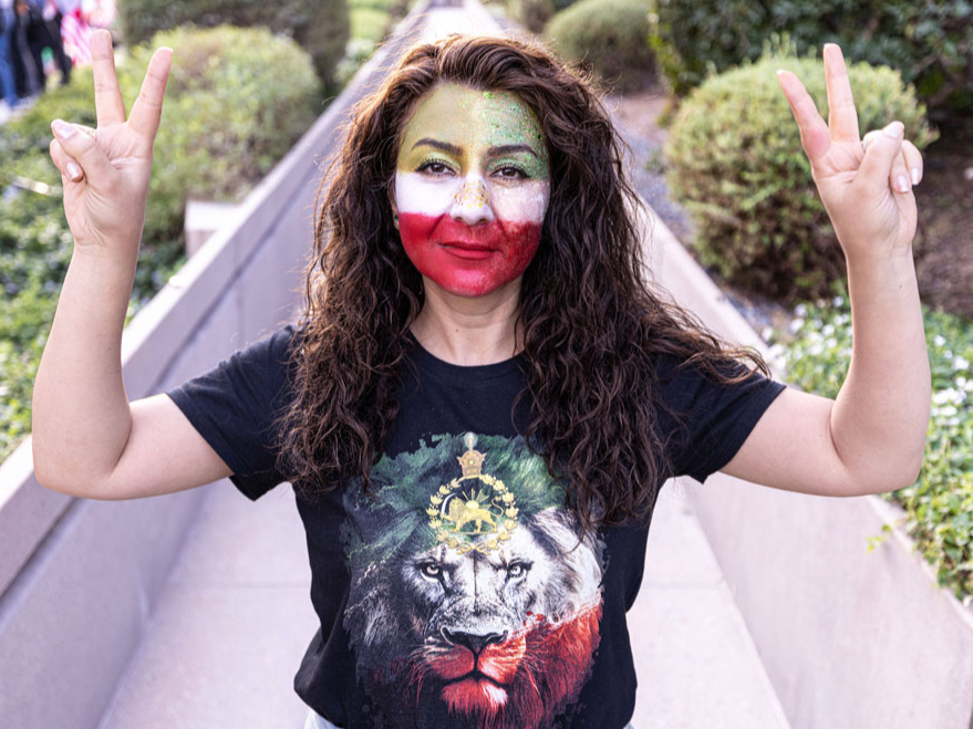 Irānas opozīcijas atbalstītāja izkrāsojusi seju Irānas karoga krāsās. Daļa opozīcijas uzskata, ka Irānas līdera amatā vajadzētu atgriezties bijušā Irānas monarha pēctecim.