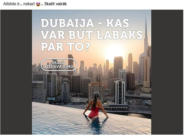 Vēl pagājšnedēļ tūroperatori "Novatours" un "Tez Tour" sociālajos tīklos aicinoši reklamēja ceļojumus uz Dubaiju, taču saspīlētās situācijas Tuvajos Austrumos dēļ lidojumi šonedēļ atcelti.