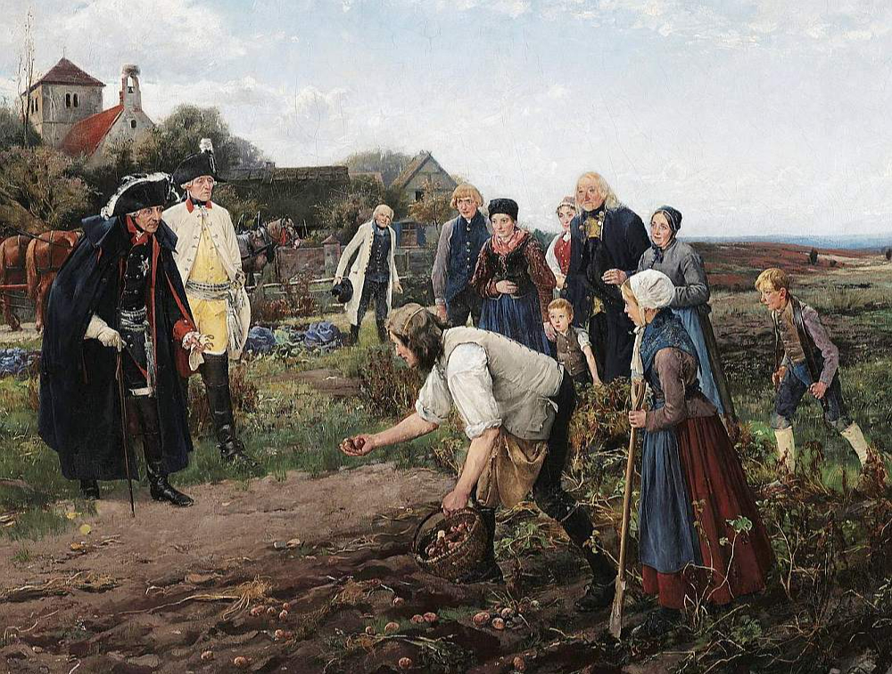 Frīdrihs II pārbauda kartupeļu ražu. 19. gs. glezna.