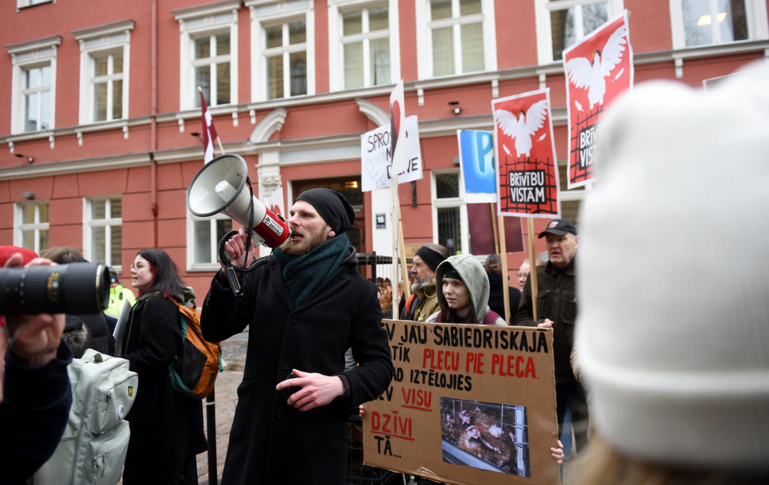 Pie Saeimas dzīvnieku aizsardzības organizācija "Dzīvnieku brīvība" rīko piketu, aicinot deputātus atkārtoti iesniegt un virzīt likumprojektu par aizliegumu turēt dējējvistas industriālajos sprostos Latvijā.