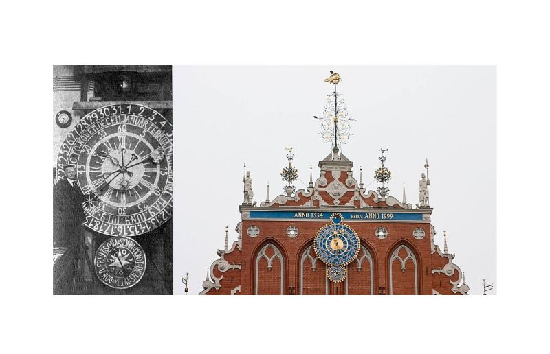 F. Plats pie atjaunotā pulksteņa 1926. gadā un skats mūsdienās.