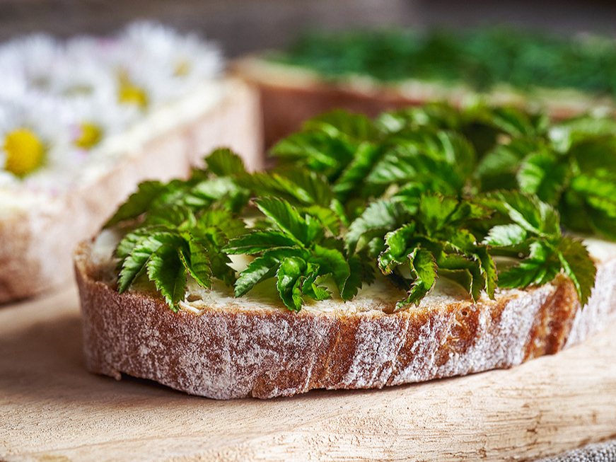 Pirmie zaļumi uz maizītes.