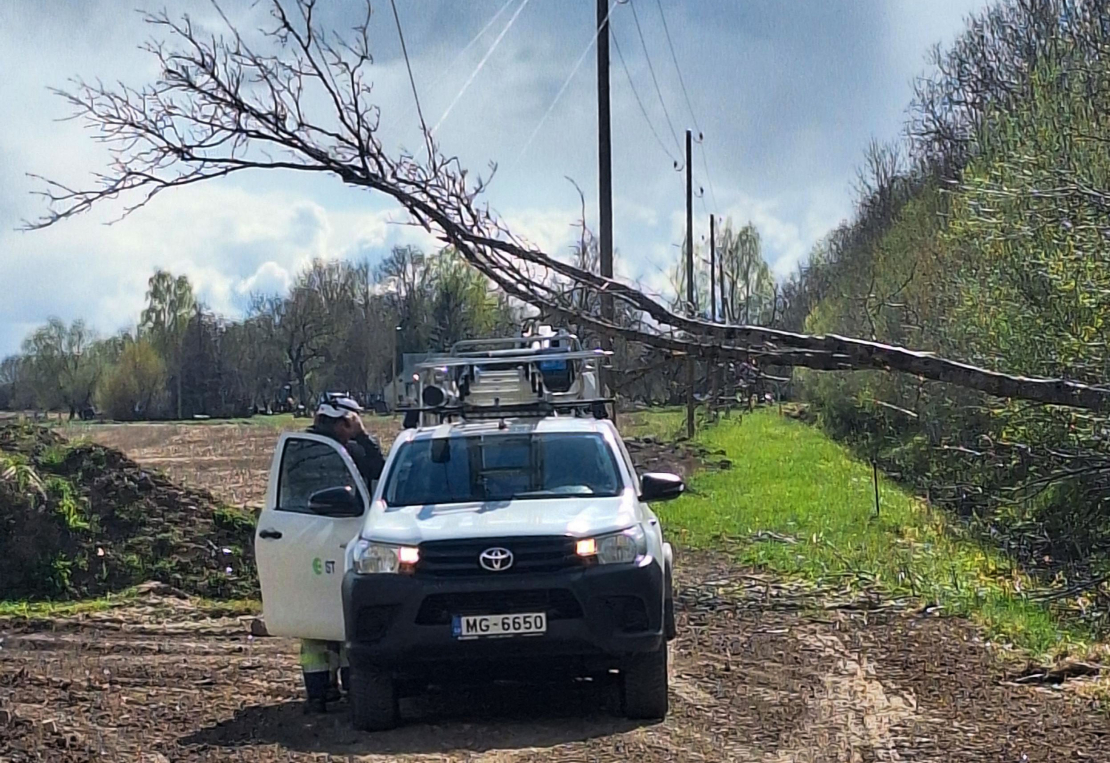 Vētras nogāzts koks. AS "Sadales tīkls" automašīna.