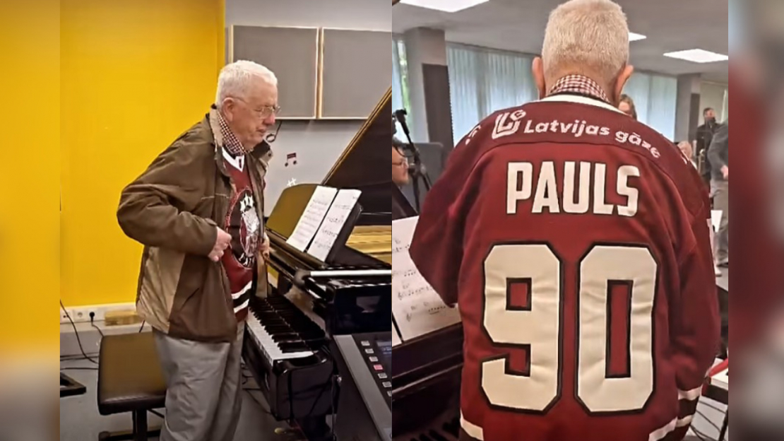 Raimonds Pauls Latvijas hokeja izlases kreklā.