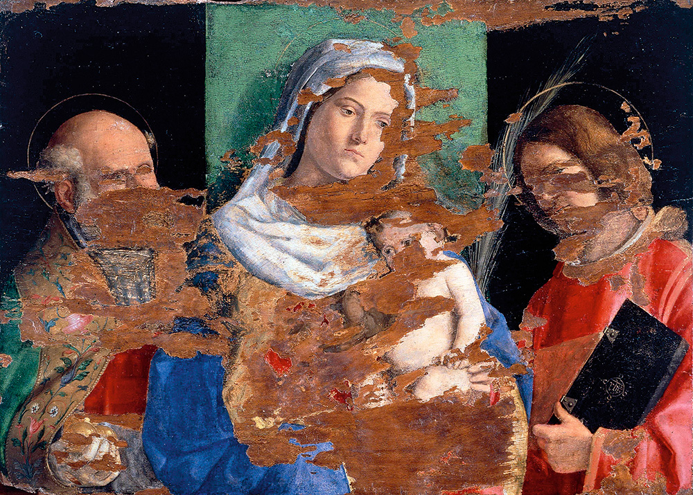 Ap 1516. gadu uz koka pamatnes gleznotā Džovanni Batistas Sima de Koneljano svētbilde “Marija ar bērnu un svētie Nikolajs un Laurencijs” ar laika zoba bojājumiem.