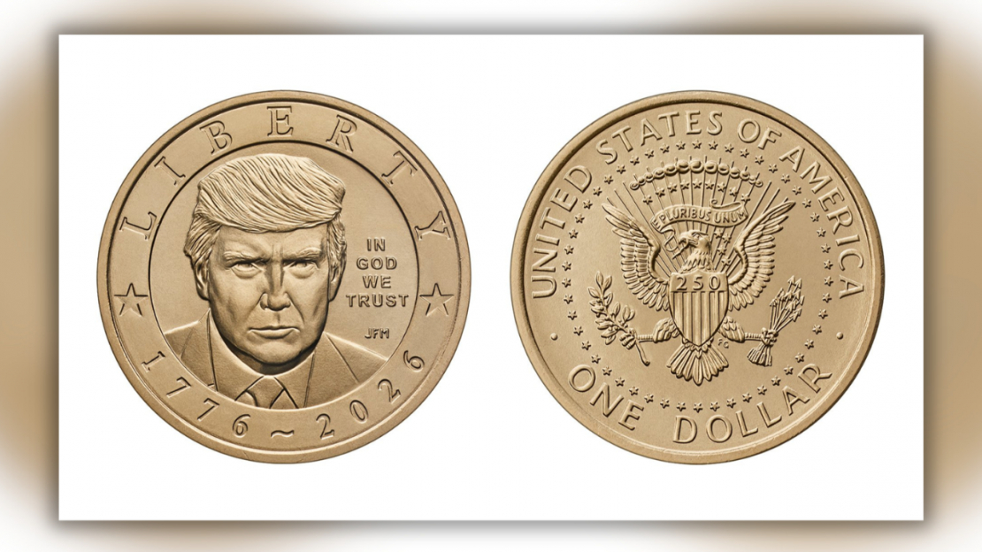 Viena dolāra piemiņas monēta ar prezidenta Donalda Trampa attēlu.