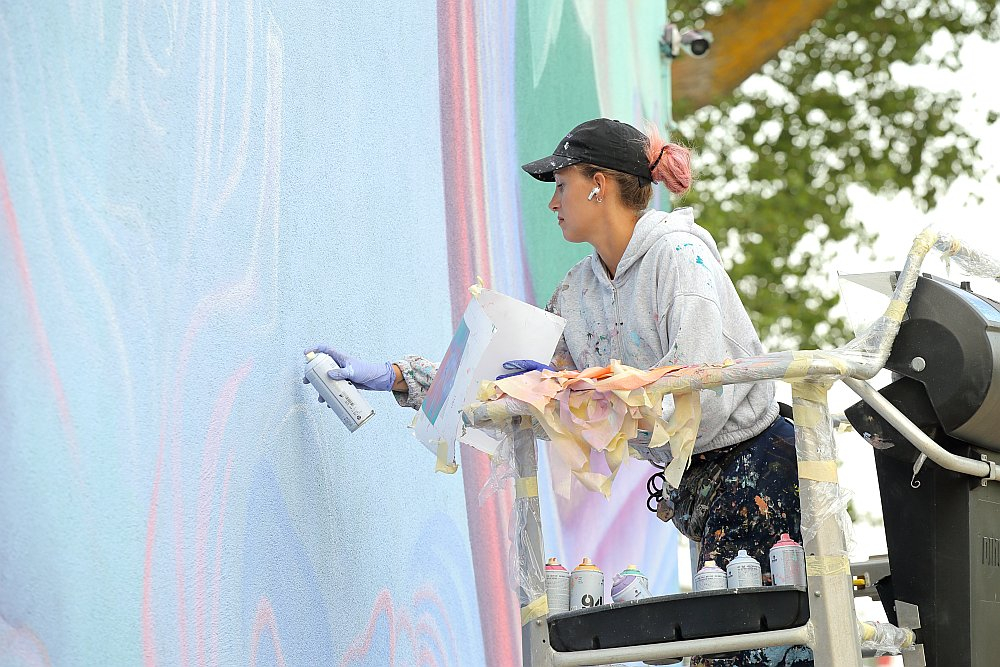Grafiti "Baltijas nāriņa" uz piecstāvu dzīvojamās ēkas gala Roņu ielā 7.