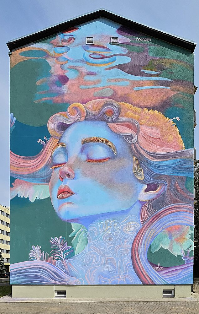 Grafiti "Baltijas nāriņa" uz piecstāvu dzīvojamās ēkas gala Roņu ielā 7.