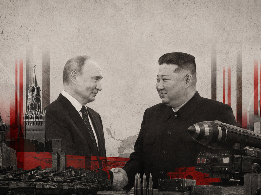 Ilustratīva kolāža par Krievijas un Ziemeļkorejas līderu Vladimira Putina un Kima Čenuna sadarbību.