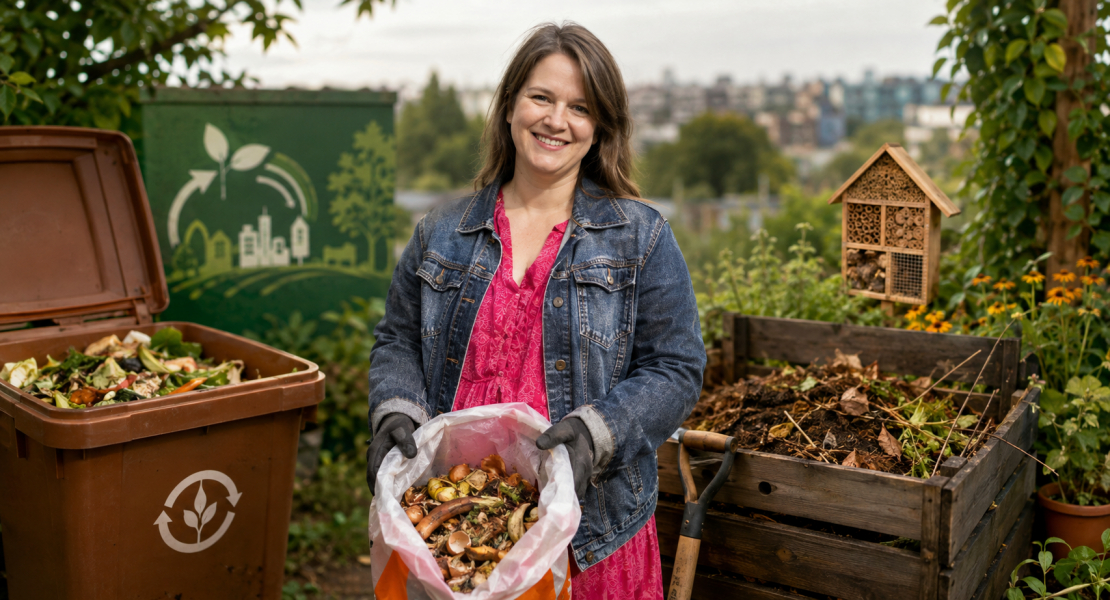 "Komposts LV" un "Zero Waste Latvija" eksperte Zane Kopštāle rāda, kā pareizi kompostēt, ik pa laikam iejaucot bioloģiskajos atkritumos sausas lapas un saplēstus papīrus.