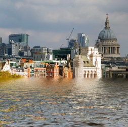 Vīzija par Londonu, ja globālās sasilšanas rezultātā celtos jūras līmenis.