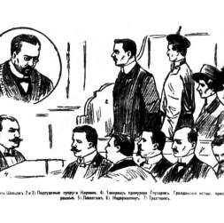 Konstantīns Korovko prāvas laikā. Zīmējums no 1914. gada preses. Konstantīns Korovko prāvas laikā. Zīmējums no 1914. gada preses.