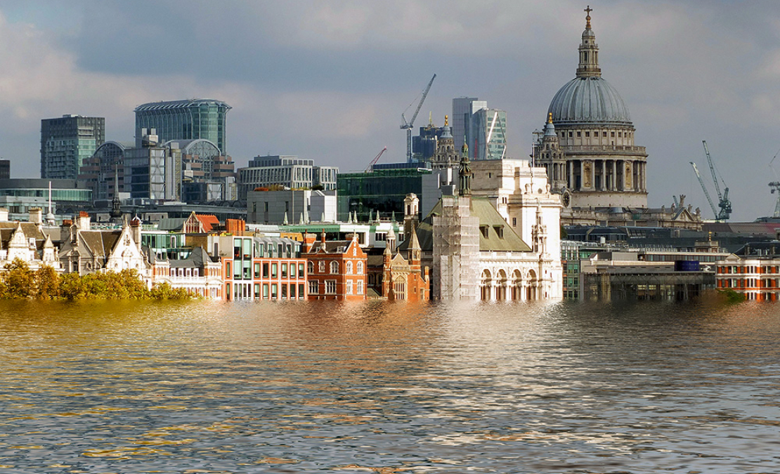 Vīzija par Londonu, ja globālās sasilšanas rezultātā celtos jūras līmenis.