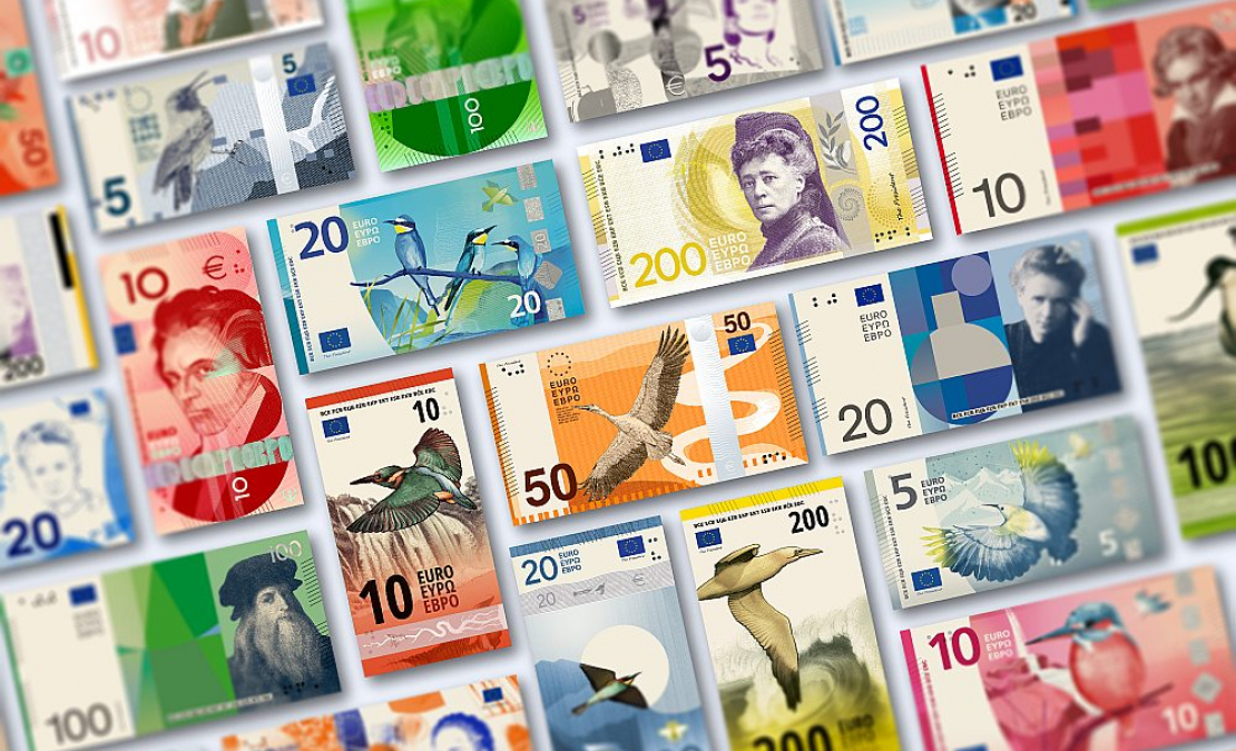 Jaunā dizaina eiro banknotes veidotas par divām tēmām – "Eiropas kultūra" un "Upes un putni".