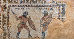 Gladiatoru cīņas bija pati iecienītākā izprieca Senajā Romā. Attēlā – Kurionā, Kiprā, atrastā mozaīkā atainota gladiatoru cīņas epizode 3. gs. Gladiatoru cīņas bija pati iecienītākā izprieca Senajā Romā. Attēlā – Kurionā, Kiprā, atrastā mozaīkā atainota gladiatoru cīņas epizode 3. gs.