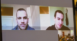 Par spiegošanu Krievijas labā apsūdzētie Sergejs Hodonovičs (no kreisās) un Martins Griķis piektdienas tiesas sēdē piedalījās videokonferences režīmā no Rīgas Centrālcietuma. Par spiegošanu Krievijas labā apsūdzētie Sergejs Hodonovičs (no kreisās) un Martins Griķis piektdienas tiesas sēdē piedalījās videokonferences režīmā no Rīgas Centrālcietuma.
