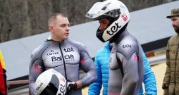Bobsleja divnieku ekipāža Jēkabs Kalenda un Dāvis Kaufmanis.