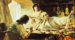Vijoļu meistara Antonio Stradivaru darbnīcā. 
Edgara Bandija (Edgar Bundy) glezna, 1893. Eļļa uz koka.