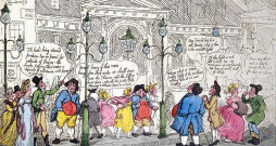 Karikatūra par gāzes apgaismojumu Londonā 1807. gadā. Karikatūra par gāzes apgaismojumu Londonā 1807. gadā.