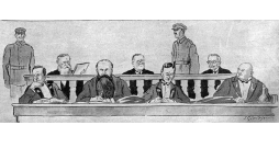 S. Civinska "Ilustrētajam Žurnālam" zīmētā tiesas aina. Otrais no kreisās A. Niedra, T. Vankins un J. Ansbergs.