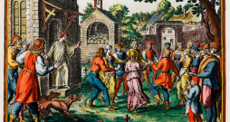 Mateusa Meriāna Vecākā gravīrā – deju epidēmija Kolbekas baznīcas pagalmā Magdeburgas diecēzē 1012. gadā. No 1630. gadā Frankfurtē izdotās “Historische Chronica”.