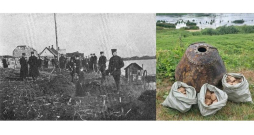 Sapieri darbos pie Krustpils 1925. gadā, un mūsdienās uzietā mīna. Sapieri darbos pie Krustpils 1925. gadā, un mūsdienās uzietā mīna.