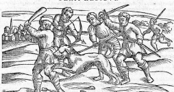 Zemnieki cīņā ar traku suni. 16. gs. gravīra. Zemnieki cīņā ar traku suni. 16. gs. gravīra.