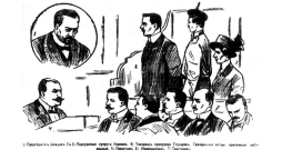Konstantīns Korovko prāvas laikā. Zīmējums no 1914. gada preses.