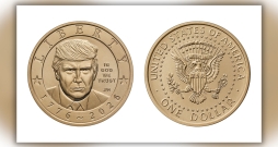 Viena dolāra piemiņas monēta ar prezidenta Donalda Trampa attēlu. Viena dolāra piemiņas monēta ar prezidenta Donalda Trampa attēlu.