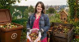 "Komposts LV" un "Zero Waste Latvija" eksperte Zane Kopštāle rāda, kā pareizi kompostēt, ik pa laikam iejaucot bioloģiskajos atkritumos sausas lapas un saplēstus papīrus.