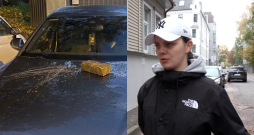 Apskādētais auto un tā īpašniece. Apskādētais auto un tā īpašniece.