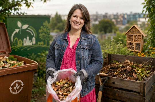 "Komposts LV" un "Zero Waste Latvija" eksperte Zane Kopštāle rāda, kā pareizi kompostēt, ik pa laikam iejaucot bioloģiskajos atkritumos sausas lapas un saplēstus papīrus.