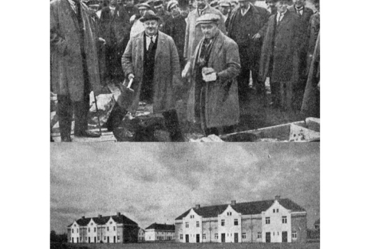 Pamatakmens likšana un Liepājas ielas rindu mājas 1927. gadā.