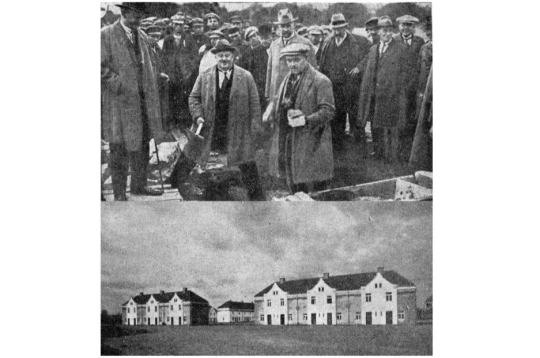 Pamatakmens likšana un Liepājas ielas rindu mājas 1927. gadā.
