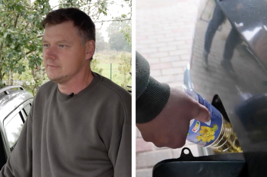 Andris automašīnas degvielas bākā lej rapšu eļļu.