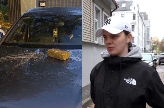 Apskādētais auto un tā īpašniece. Apskādētais auto un tā īpašniece.