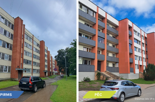 Atjaunotās daudzdzīvokļu mājas Gaismas ielas kvartālā Ķekavā.