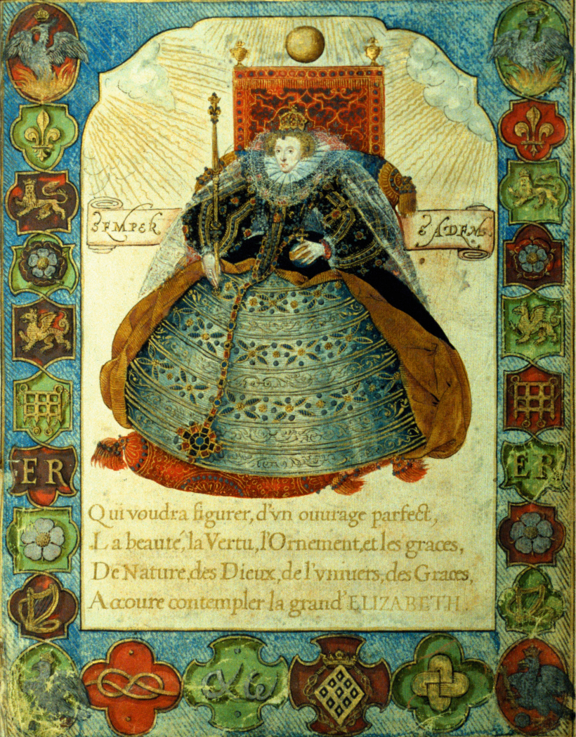 Elizabete I nezināma autora 1586. gadā darinātajā krāsainajā gravīrā. Elizabete I nezināma autora 1586. gadā darinātajā krāsainajā gravīrā.