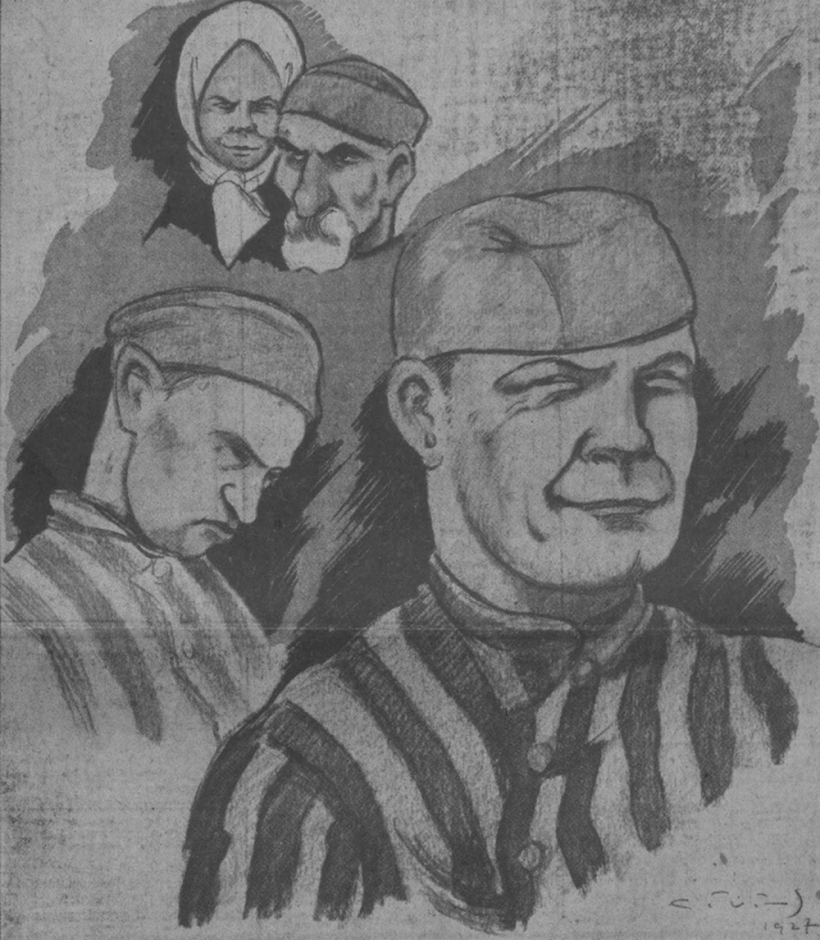 Ansis Kaupēns un viņa palīgi tiesas zālē. Zīmējums no laikraksta ''Pēdējā Brīdī'' 1927. gada 22. martā.