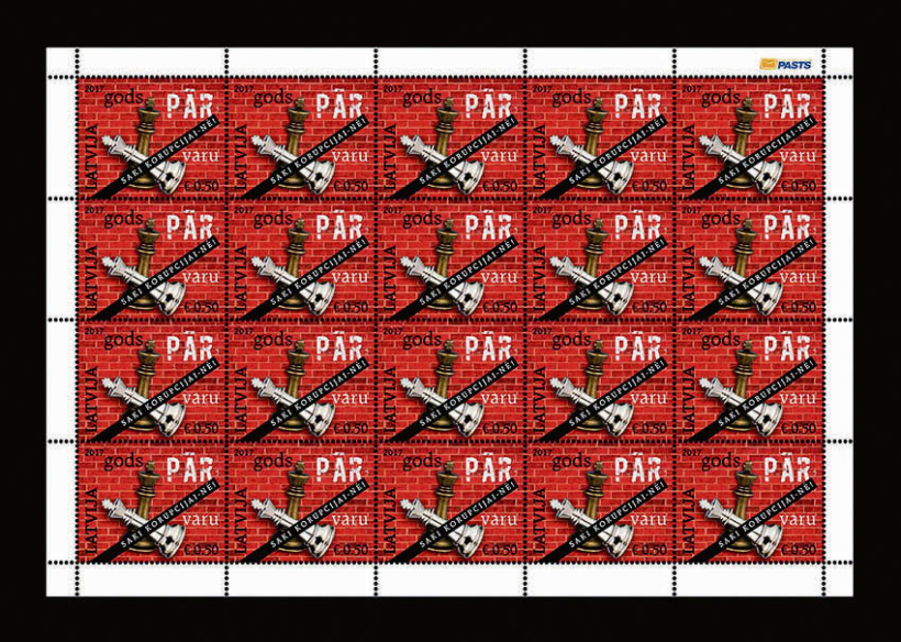 Pastmarka "Gods pār varu. Saki korupcijai – nē!". Pastmarku loksne. 2017. Par filatēlijas retumu kļūst tās pastmarkas, kas vairs nav nopērkamas loksnēs.