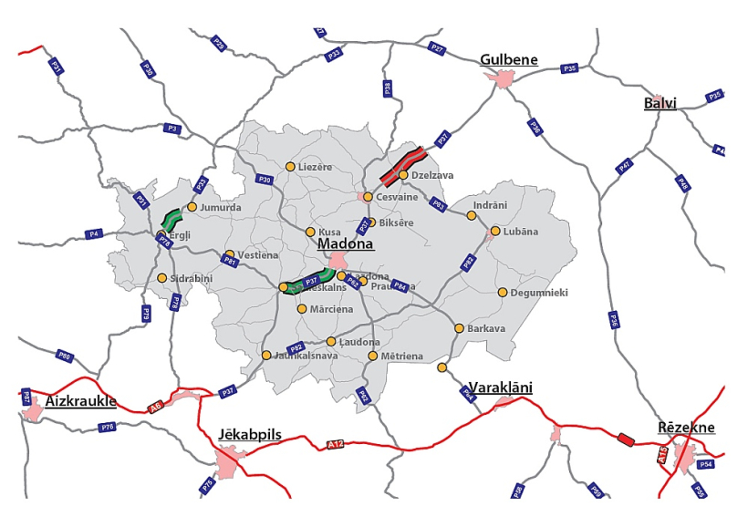 Administratīvi teritoriālās reformas reģionālo un vietējo autoceļu pārbūves un atjaunošanas investīciju programmas ietvaros Madonas novadā uzlaboti 16,41 km (5,77 km posms ceļam P33 Ērgļi–Jaunpiebalga–Saliņkrogs un 10,64 km posms ceļam P37 Pļaviņas (Gostiņi)–Madona–Gulbene). Kartē posmi iezīmēti ar zaļu krāsu. Bet 11,36 km posms, kas kartē iezīmēts ar sarkanu krāsu (P37 Pļaviņas (Gostiņi)–Madona–Gulbene), gaida finansējuma rindu. Sagaidāmais ieguvums novada teritorijā: 27,77 km. Administratīvi teritoriālās reformas reģionālo un vietējo autoceļu pārbūves un atjaunošanas investīciju programmas ietvaros Madonas novadā uzlaboti 16,41 km (5,77 km posms ceļam P33 Ērgļi–Jaunpiebalga–Saliņkrogs un 10,64 km posms ceļam P37 Pļaviņas (Gostiņi)–Madona–Gulbene). Kartē posmi iezīmēti ar zaļu krāsu. Bet 11,36 km posms, kas kartē iezīmēts ar sarkanu krāsu (P37 Pļaviņas (Gostiņi)–Madona–Gulbene), gaida finansējuma rindu. Sagaidāmais ieguvums novada teritorijā: 27,77 km.