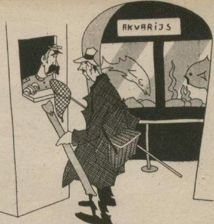 Apķērīgais makšķernieks: “Es vēlētos šeit pirkt makšķerēšanas tiesības vienam gadam.” Izdevums Atpūta (29.11.1940.) Apķērīgais makšķernieks: “Es vēlētos šeit pirkt makšķerēšanas tiesības vienam gadam.” Izdevums Atpūta (29.11.1940.)