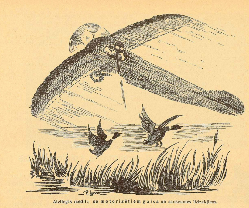 Aizliegts medīt no motorizētiem gaisa un sauszemes līdzekļiem. Karikatūra izdevumā "Mednieks un Makšķernieks" (01.01.1939.). Aizliegts medīt no motorizētiem gaisa un sauszemes līdzekļiem. Karikatūra izdevumā "Mednieks un Makšķernieks" (01.01.1939.).
