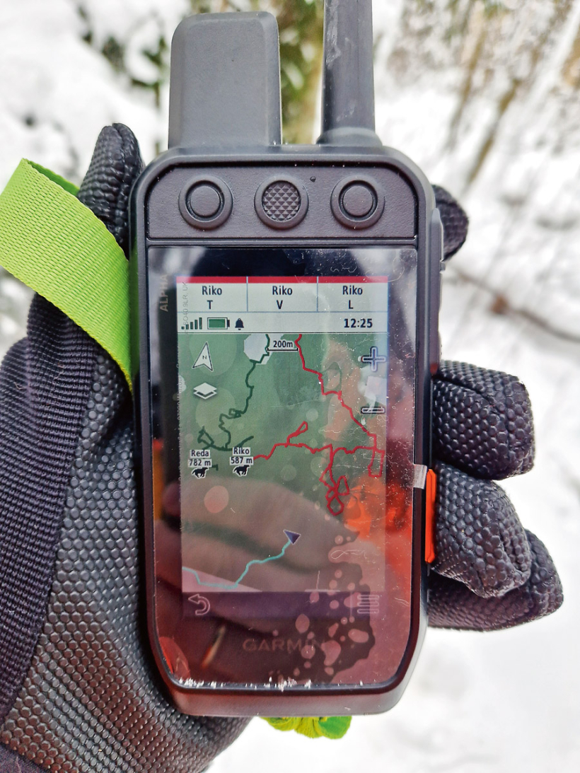 GARMIN Alpha 300i lielajā ekrānā labi var redzēt suņa maršrutu, atrašanās vietu un attālumu līdz tai, kā arī to, ko suns tajā brīdī dara – pārvietojas, stāv vai rej. GARMIN Alpha 300i lielajā ekrānā labi var redzēt suņa maršrutu, atrašanās vietu un attālumu līdz tai, kā arī to, ko suns tajā brīdī dara – pārvietojas, stāv vai rej.