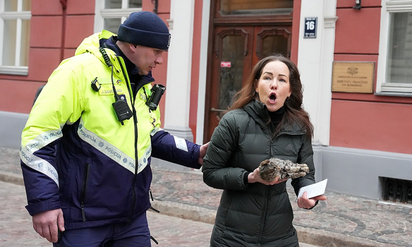 "Mirušu dzīvnieku ķermeņu izmantošana – lai atgādinātu par dzīvajiem un aicinātu aizsargāt, pasaulē notiek ik pa laikam, tas nav nekas jauns un neparasts. Ja aizstāvjus nesadzird un dzīvnieki turpina ciest, reizēm ir jākliedz," feisbuka lapā "Zootēka" pamato akcijas aizstāvis Sandris Ādminis. Attēlā: policists un dzīvnieku aizsardzības organizācijas piketa dalībniece 14. martā pie Saeimas.