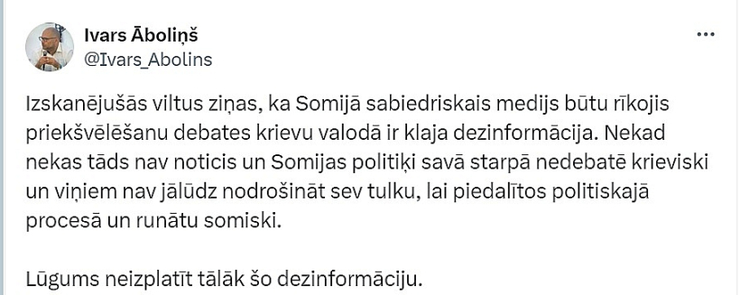 Arī Nacionālās elektronisko plašsaziņas līdzekļu padomes priekšsēdētājs Ivars Āboliņš sociālajos tīklos norāda, ka Somijā politiķi televīzijā nediskutē krievu valodā.