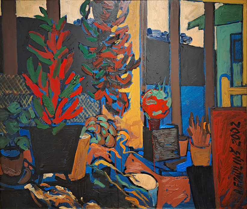 Alberts Pauliņš "Darbnīcas nostūris" (2002, kart., eļļa, 110 x 130). Alberts Pauliņš "Darbnīcas nostūris" (2002, kart., eļļa, 110 x 130).